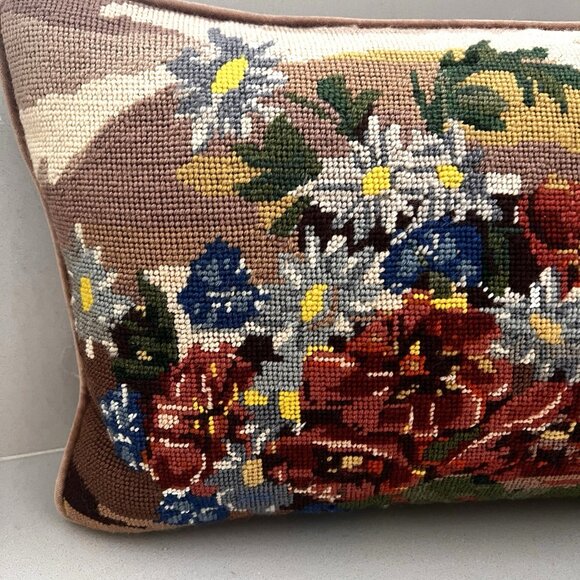 Vintage Needlepoint Pillow Cushion Wool Rectangular Floral Flower Assortment Zip - Picture 3 of 8